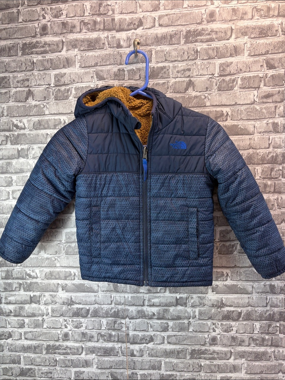 The North Face Kids Navy Blue Quilted Puffer Jacket with Sherpa Hood reversible